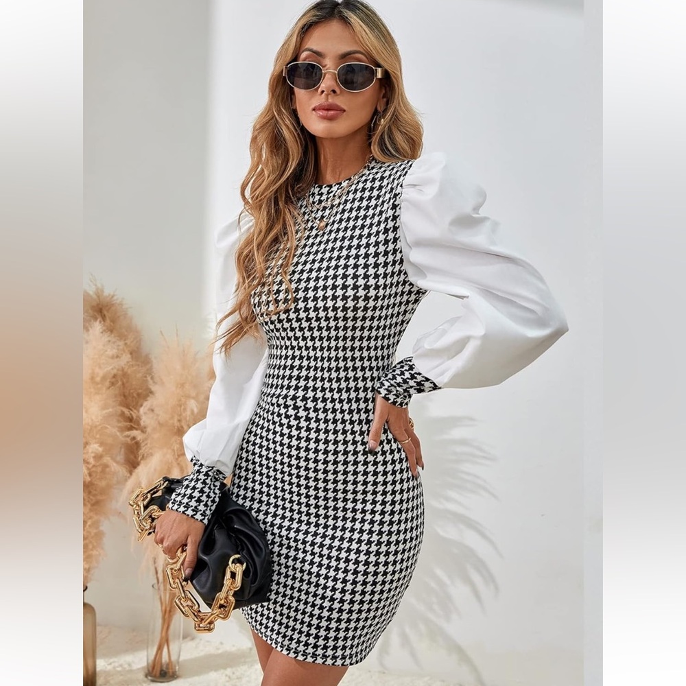 Chic Lantern Sleeve Houndstooth Dress